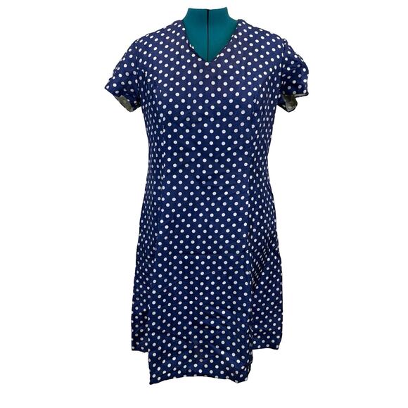 Vintage 1960s Navy Blue Polka Dot Sheath Dress with Metal Zipper – Size 20 - Picture 15 of 16